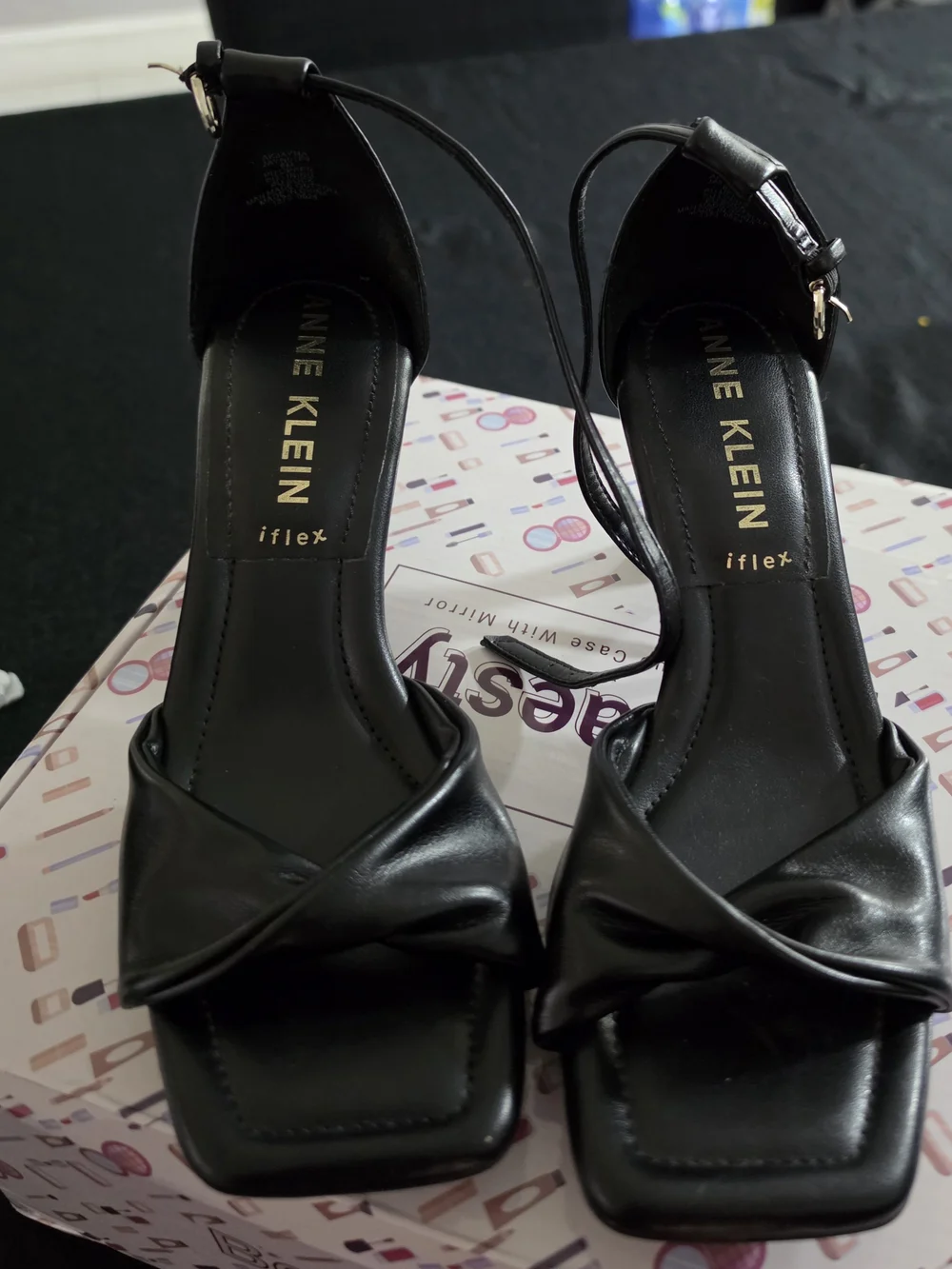 Anne Klein Black Leather Knot Front Ankle-Strap Sandals
